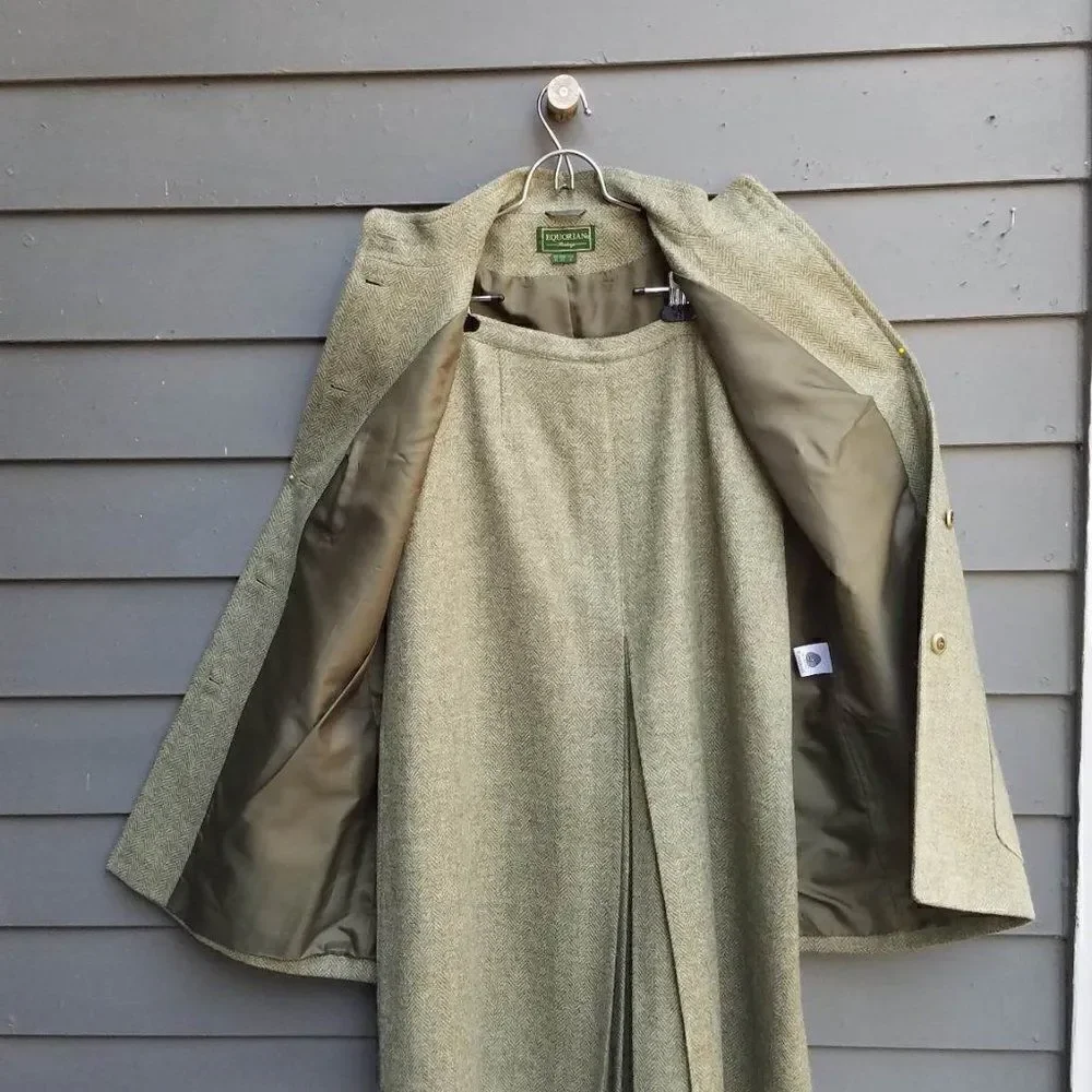 Equorian Heritage Wool Green Herringbone Skirt Suit Set size 12
